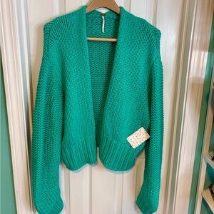 Free People Glow for It Vibrant Teal Open Cardigan NWT